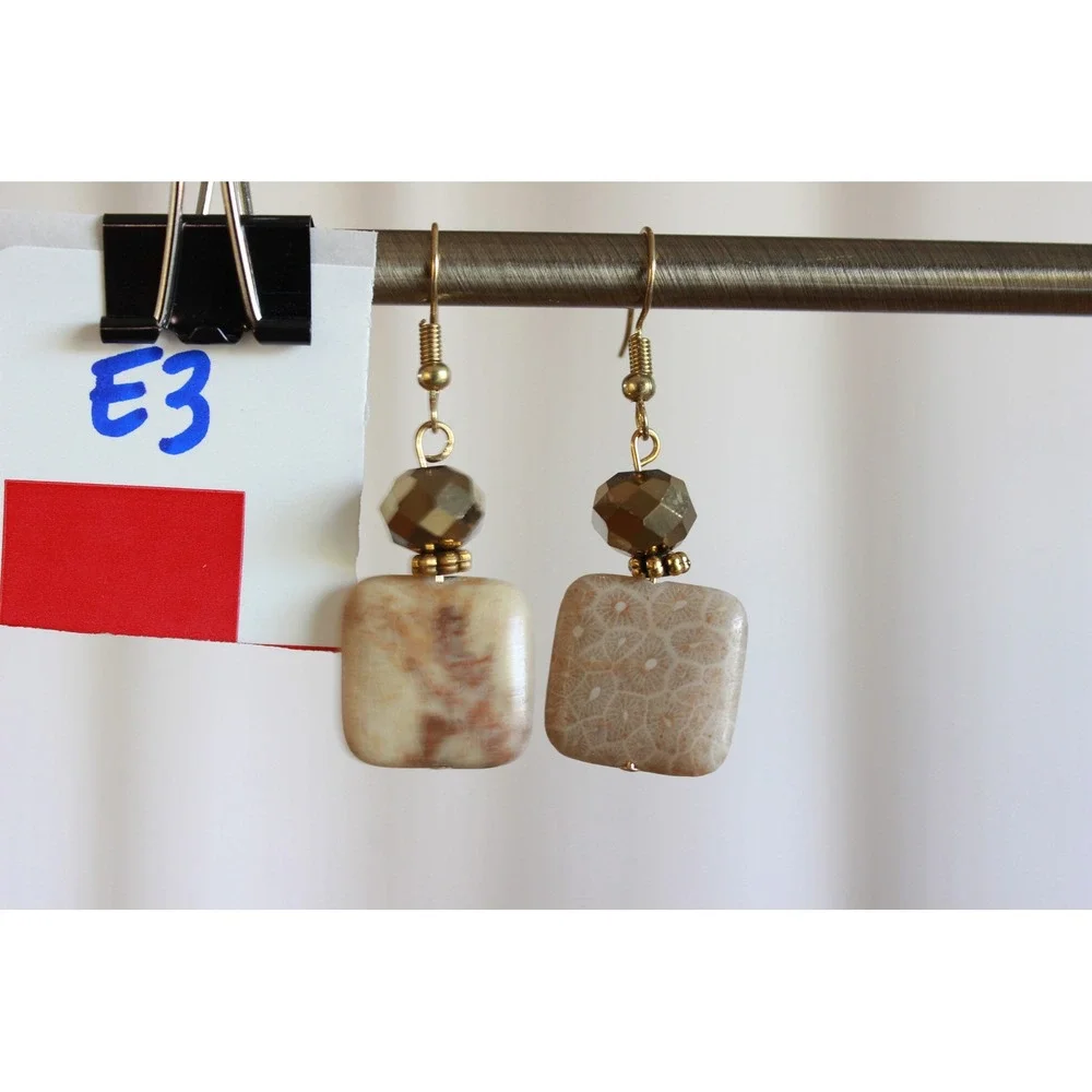 Natural‎ Fossil Coral Square Drop Earrings Tan Bronze Boho Geometric Fishhook